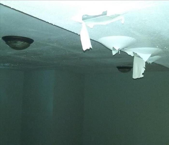 Picture of a basement ceiling after dishwasher water failed, dome lights are filled with water.
