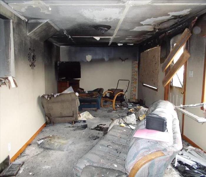 Second level office breakroom after a fire occurred in the attic.