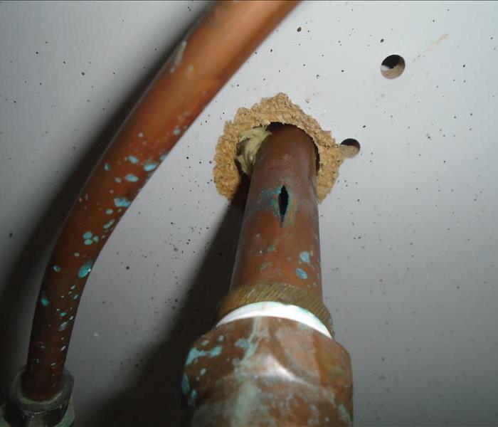 Picture of burst pipe under bathroom vanity.