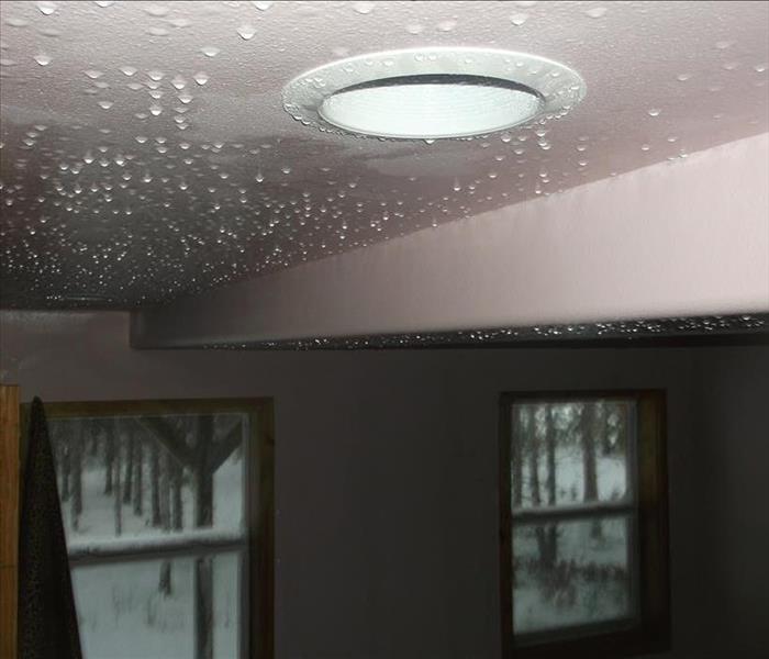 Condensation formed on white ceiling and can light in a bedroom.